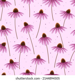 Seamless pattern with echinacea on pink background. Cute floral illustration. Vector texture for print, textile, fabric, packaging, wallpaper.