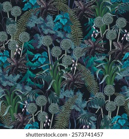 Seamless pattern with echinops, fern and leaves. Vector