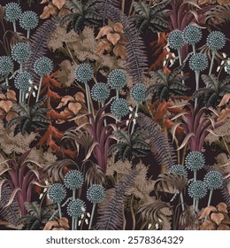 Seamless pattern with echinops, fern and leaves. Vector