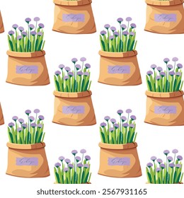 seamless pattern Echinops flowers in a paper bag, herbaceous plants, purple, round shape, Ideal for gifts, fabric, packaging. Vector illustrations.