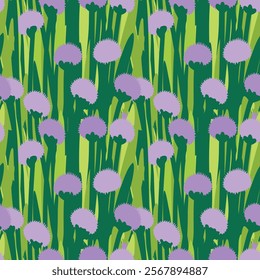 Seamless pattern of Echinops flowers, thorny herbaceous plants, purple, round shape, Ideal for gifts and Christmastide packaging. Vector illustrations.