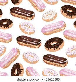 Seamless pattern with eclair and doughnut.Sweet vector print.Tasty background