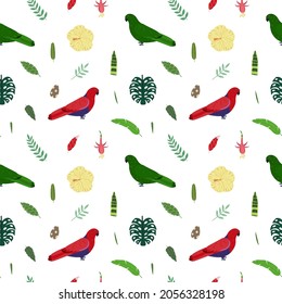Seamless pattern with eclectus parrots in red and green color, tropical leaves and flowers. Cute baby print for fabric and textile.