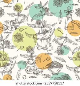 Seamless pattern with eclipta prostrata: bhringraj plant, leaves and eclipta prostrata flowers. Oil, soap and bath salt . Cosmetics and medical plant. Vector
