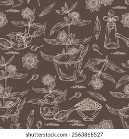 Seamless pattern with eclipta prostrata: bhringraj plant, leaves and eclipta prostrata flowers. Oil, soap and bath salt . Cosmetics and medical plant. Vector