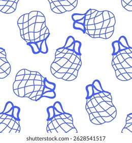 A seamless pattern with eco bag. Blue doodle print with reusable fishnet shopper. Background, wrapping paper, wallpaper, notebook cover, fabric template.