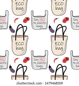 Seamless pattern with eco bag, plastic bag and slogan "Say NO to plastic bags". Vector illustration.