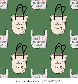 Seamless pattern with eco bag and plastic bag on a green background. The slogan is "Say NO to plastic bags". Vector illustration.