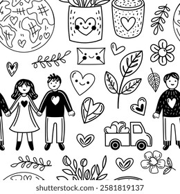 Seamless pattern with eco doodles, hearts, earth, plants and people

