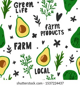 Seamless pattern with eco farm vegetables. Organic products. Vector flat cartoon illustration. Avocado, arugula, greens, handwritten inscriptions. Healthy vegetarian food. For fabric, endless surface.