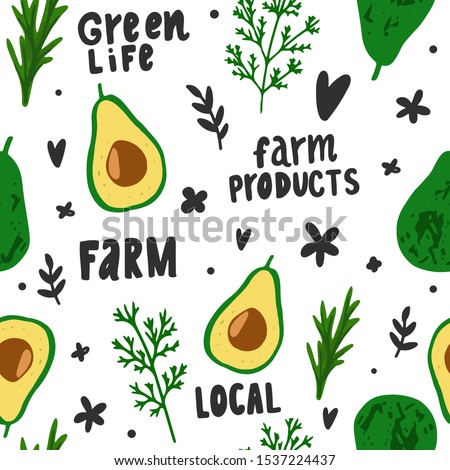 Seamless pattern with eco farm vegetables. Organic products. Vector flat cartoon illustration. Avocado, arugula, greens, handwritten inscriptions. Healthy vegetarian food. For fabric, endless surface.