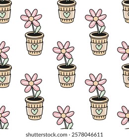 Seamless pattern with eco flower in biodegradable cup for sustainability