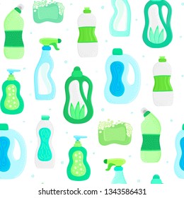Seamless pattern. Eco friendly household cleaning supplies. Natural detergents. Products for house washing. Non chemical cleaners. Green home. Flat design. Leaflet, brochure, lable, package. Vector