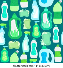 Seamless Pattern. Eco Friendly Household Cleaning Supplies. Natural Detergents. Products For House Washing. Non Chemical Cleaners. Green Home. Flat Design. Leaflet, Brochure, Label, Package. Vector