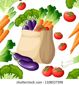 Seamless pattern. Eco friendly paper bag. Recycled shopping bag with vegetables. Recycled pack with fresh organic food. Healthy vegetables grown locally. Vector illustration on white background.