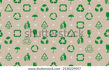 Seamless pattern Eco green pattern with recycle sign. Made with ecology symbol. Template ecology design for background and textures. Flat cartoon illustration. Vector recycled signs illustration.