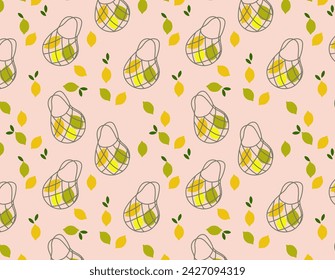 Seamless pattern Eco Mesh or net bag full of fresh organic lemons. Vector illustration in flat doodles style.