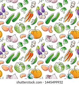 Seamless pattern of eco natural harvest products, illustrations in sketchy style of healthy vegetables, free hand vector drawing background of farming veggies, good for farming market, restaurant