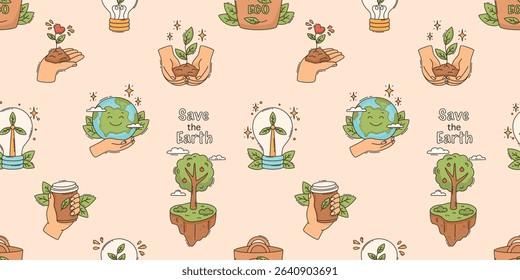 Seamless pattern with eco stickers. Save planet Earth. Environment rescue. Eco bag, plants, planet, leaves. Flat vector illustration.