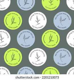 Seamless pattern with eco symbols and phrases. Hand-drawn illustration. Environmental protection, sustainability concept. Vector.