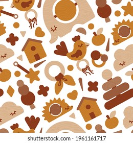 Seamless pattern Eco wooden baby toys. Neutral colors illustration isolated on white background. For fabric, print, textile, kids decor room, background, wallpaper. Vector