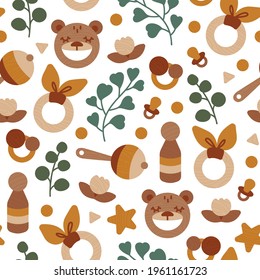 Seamless pattern Eco wooden baby toys with eucalyptus leaves. Neutral colors illustration isolated on white background. For fabric, print, textile, kids decor room, background, wallpaper. Vector