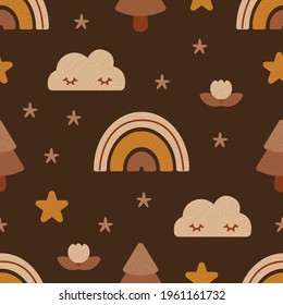 Seamless pattern Eco wooden baby toys rainbows, clouds, stars and trees. Neutral colors illustration isolated on brown background. For fabric, print, textile, decor room, background, wallpaper. Vector
