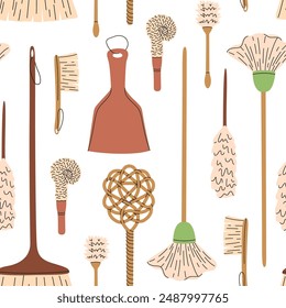 Seamless pattern of eco-friendly cleaning products. Mops and brushes. Organic natural ecological cleaners, soap, brushes. Green housework stuff, clean home supplies. Flat graphic vector illustration