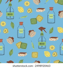 Seamless pattern with eco-friendly cleaning products. Organic natural ecological cleaners, sponges, brushes. Green housework stuff, clean home supplies. Flat graphic vector illustration