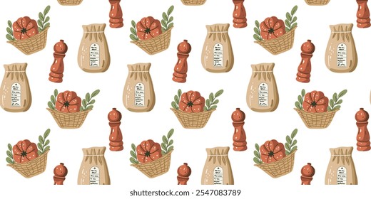 Seamless pattern with eco-friendly kitchen design with fresh products in a basket and craft bag, organic and natural theme