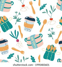 Seamless pattern with eco-friendly kitchen. Lunch box, wooden cutlery, refillable mug. Go green, no plastic. Zero waste kitchen. Accessories textile, wrapping paper, wallpaper. Vector Background