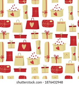 Seamless pattern with eco-friendly packaging with hearts. Eco life concept-save the planet