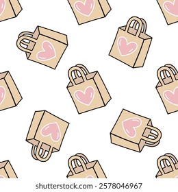 Seamless pattern with eco-friendly paper bags and heart illustration
