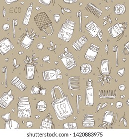 Seamless pattern with eco-friendly sings and zero waste icons. . Hand drawn vector doodles illustration.