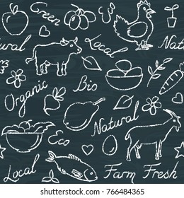 Seamless pattern with ecology farm food symbols and lettering on chalkboard