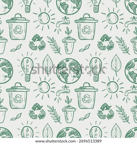 Seamless pattern with ecology symbols in brush stroke texture isolated on white. Hand drawn vector sketch illustration in vintage charcoal ink. Recycling, ecology friendly, zero waste, craft package