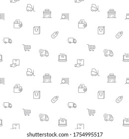 Seamless pattern with e-commerce and shopping icon on white background. Included the icons as store, delivery, package, box, coupon, cart, adding, shipping, tags, market and other elements.