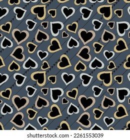 Seamless pattern of ecru, khaki, silver color heart shape with black color arrows creatively arranged on charcoal background. valentine day pattern, textile design, wallpaper, poster, greeting card.