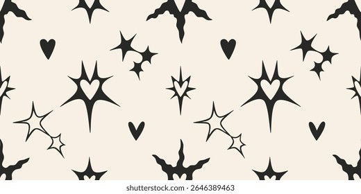 Padrão contínuo com estrelas e corações pretos nervosos. Design moderno ousado para moda grunge, punk ou alternativa. Ilustração vetorial monocromática abstrata sobre fundo claro, desenhado à mão