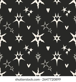 Padrão contínuo com estrelas e corações nervosos. Design moderno ousado para moda grunge, punk ou alternativa. Ilustração de vetor monocromático abstrato sobre fundo preto, desenhado à mão
