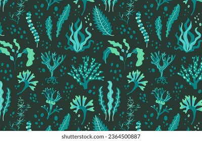 Seamless pattern of edible algae: Kelp, Spirulina, Chlorella, Bladderwrack, Hijiki, Sea lettuce, Sea Grapes, Kombu, Fukus, Wakame, Dulse. Dark blue seaweed background. Sea plants wallpaper.