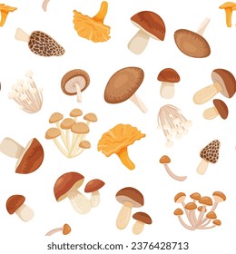 Seamless pattern with edible fresh whole mushrooms for cooking Japanese dishes. Shiitake porcini, shimeji, morel, boletus. Flat cartoon vector food on white background.