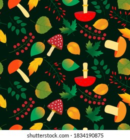 Seamless pattern of edible and inedible mushrooms, berries on a branch and autumn leaves on a dark green background. Texture for fabric, drawing labels, print on t-shirt, wallpaper etc. 