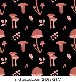 Seamless pattern with edible and inedible mushrooms, leaves, berries. Autumn forest in brown color on the black background. Vector illustration for fabric, wrapping, textile, wallpaper, apparel.