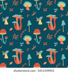 Seamless pattern with edible and inedible mushrooms, leaves, branch. Autumn forest in bright colors on the dark background. Vector illustration for fabric, wrapping, textile, wallpaper, apparel.