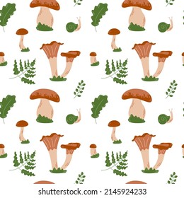 Seamless pattern with edible mushrooms, leaves, snail. Autumn forest. Creative texture for fabric, wrapping, textile, wallpaper, apparel. Vector illustration in flat style.