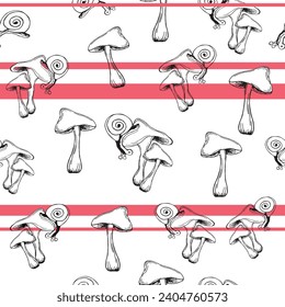 Seamless pattern of edible mushrooms with leaves and snail on forest hat in the style of sketch on striped background.