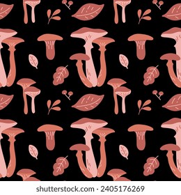 Seamless pattern with edible mushrooms, leaves, berries. Autumn forest in brown color on the black background. Vector illustration for fabric, wrappin