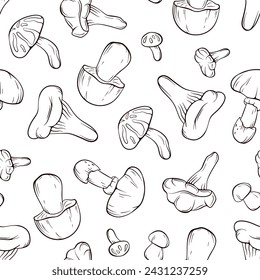 Seamless pattern with edible mushrooms in line art style. Design for wrapping paper, wallpaper, textiles. Vector illustration on a white background.
