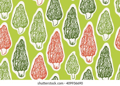Seamless pattern with edible mushrooms morels. Forest spring mushrooms.